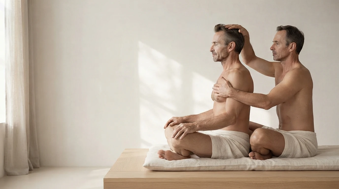 Zwei Männer sitzen im Schneidersitz auf einer Matte, der hintere legt dem vorderen eine Hand auf den Kopf und eine auf das Brustbein.