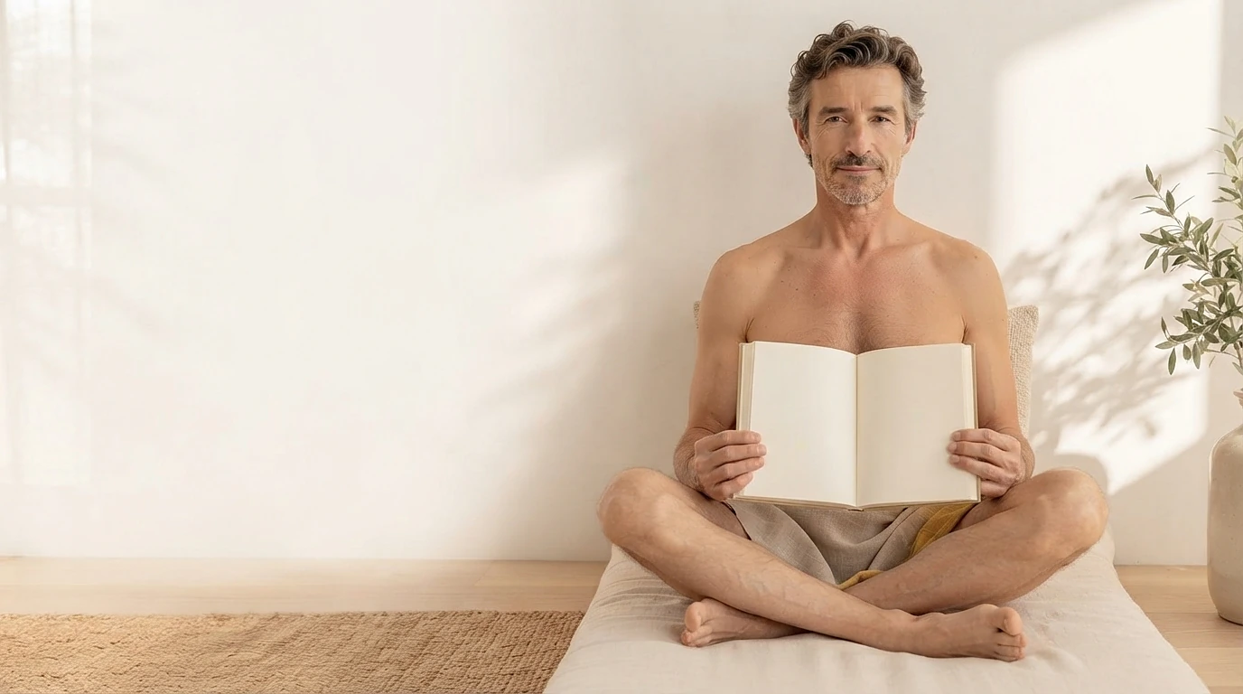 Ein Mann sitzt im Schneidersitz auf einem Bodenkissen an der Wand und hält ein aufgeschlagenes Buch mit leeren Seiten vor sich.