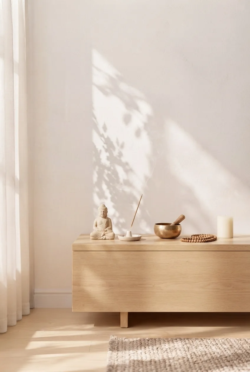 Auf einem hellen Holz-Sideboard stehen eine kleine Buddha-Figur, ein Räucherstäbchen, eine Klangschale, eine Mala-Kette und eine Kerze.