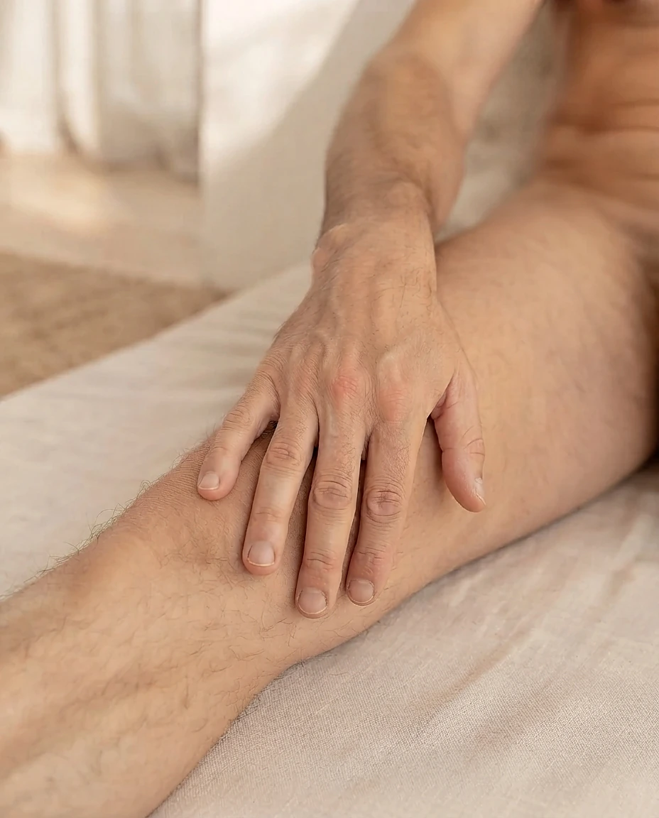 Ein Mann sitzt auf einem Leinentuch und legt die Hand auf sein nacktes Knie.